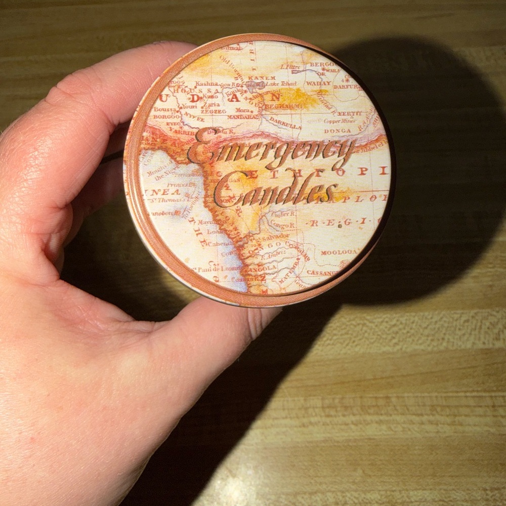 Emergency Candles Tin - Map Print Brown & Cream doomsday prep